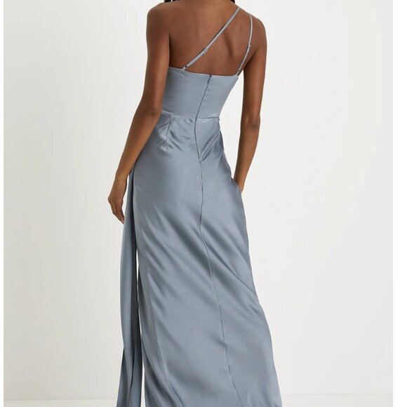 Lulu's Signature Elegance Slate Blue Satin One-Shoulder Maxi Dress-Small - Picture 3 of 5